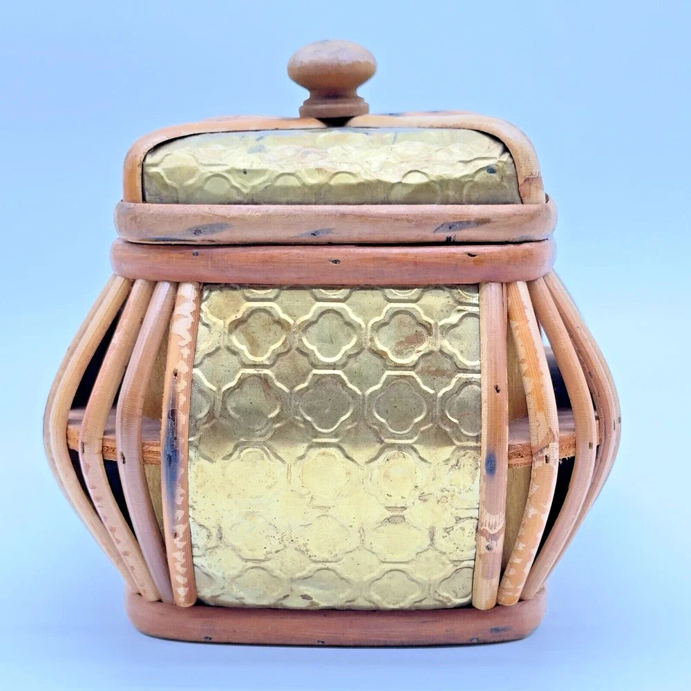 Vintage Bamboo Brass Wood Tabletop Storage Basket Box Patina Eclectic 6.5